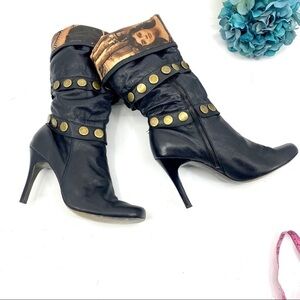 NaNa black leather gold studded cuffed tall boot